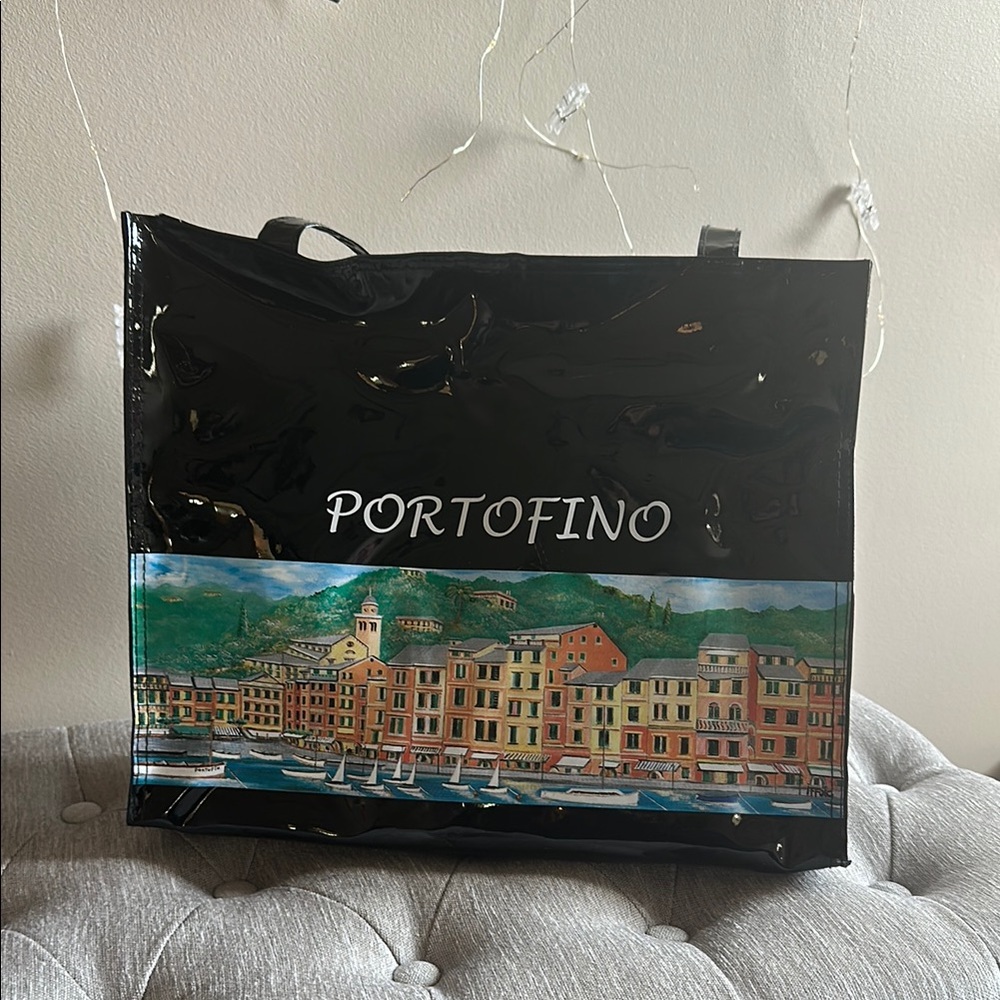 Portofino Italy Black Tote Bag with Scenic Print